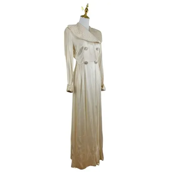 Vintage 30s 40s KAMORA Ivory Liquid Satin Maxi Dressing Gown Robe Women's Size S - Picture 4 of 15